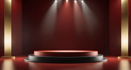 Sticker - Stage podium scene for Award celebration or products on red background with lighting, Promotion display