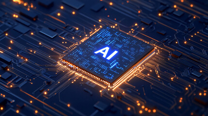 Poster - Cpu is glowing with ai inscription on a motherboard, symbolizing the power of artificial intelligence in modern technology