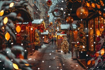 A street is lit up with Christmas lights and decorations, generative ai image