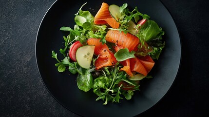 Elegant gourmet salad with fresh greens and smoked salmon on black plate