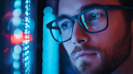Leinwandbilder - Late-night coding: a software developer with glasses working under the glow of his computer screen