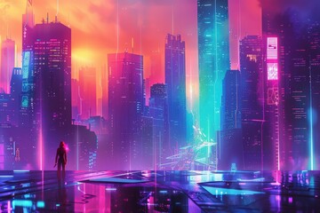 Wall Mural - a neon cityscape with a man in a backpack standing in the rain, generative ai image