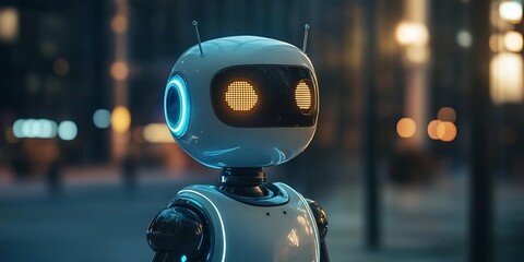 Sticker - Friendly AI Robot in City Night, Futuristic Technology Concept