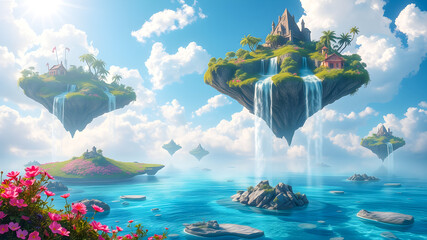 Wall Mural - Fantasy island floating in the sea. 3d render illustration.