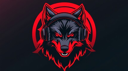 Wall Mural - Wolf with headphones logo, gaming mascot design, black and red