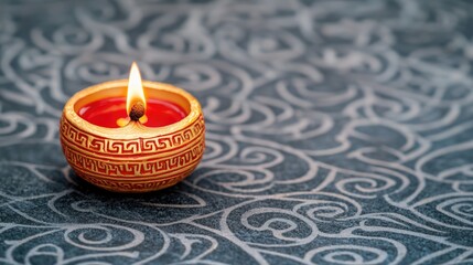 A decorative oil lamp with an active flame sits on a patterned surface, creating a warm and inviting atmosphere.