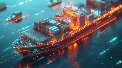 A glowing cargo ship loaded with containers in a nighttime ocean setting. Suitable for transportation, shipping industry designs.