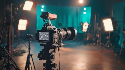 Professional camera on a tripod in a film studio