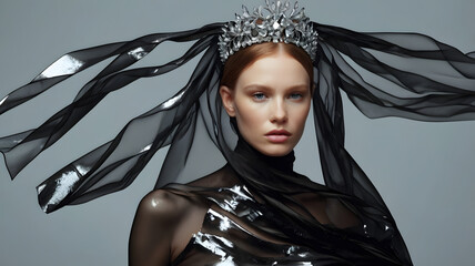 Fashion editorial Concept. Woman with freckled skin, covered in black silk wrap and wearing a crown diadem in fragmented shiny ice glass foil jewel crystals pieces mirror flying