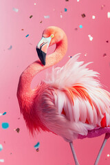 Creative animal concept. Flamingo bird in glam fashionable couture high end outfits isolated on bright background advertisement, copy space. Birthday party invite invitation banner 