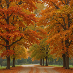 Autumn orange season with forest trees