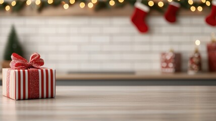 Decorative Christmas gift box on a wooden table, holiday background.