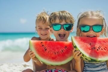 Wall Mural - Three children are smiling and holding up a watermelon, generative ai image