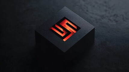 Canvas Print - Abstract 3D Cube Logo with Red and Orange Neon Lines, Futuristic, Tech, Sci Fi Design