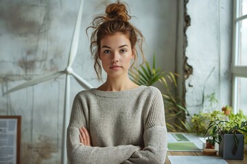 Confident woman standing with crossed arms against a white wall in a modern indoor space filled with greenery