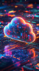 Poster - Glowing cloud shape hovers over a circuit board as data transfers through it, representing cloud computing technology