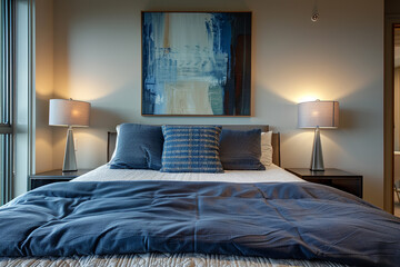 Bedroom showcases comfortable bed with decorative pillows and nightstands