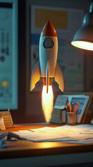 Poster - toy rocket launching off a businessman's desk at night, illuminating the office with warm light