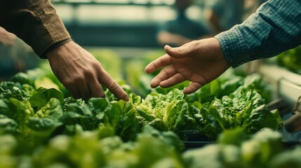 Engaged Farm Owner and Worker Discussing Lush Lettuce in Greenhouse