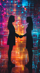 Poster - Two businesswomen shaking hands in agreement with a colorful digital data stream background