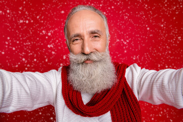 Sticker - Self-portrait of his he nice attractive well-groomed fashionable confident kind wise gray-haired man isolated over bright vivid shine red background