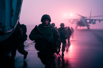 Soldiers Boarding Military Aircraft at Dawn During Deployment