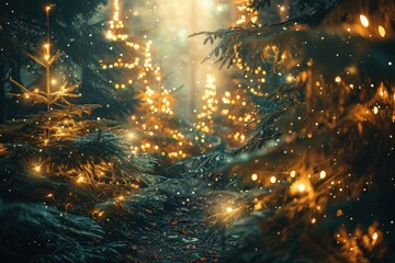 A Christmas scene with two lit up trees and a path of snow, generative ai image