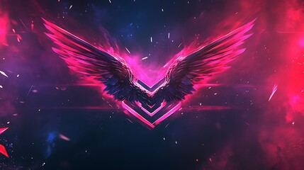 Poster - Abstract neon wings glowing on dark background. Cyberpunk, futuristic, gaming, digital art, fantasy, logo, emblem, symbol