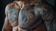 © atar - Close up of man's chest with intricate black and white dragon tattoo