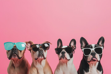 Creative animal concept. Group of dog friends in sunglass shade glasses isolated on solid background, commercial, editorial advertisement, copy text space