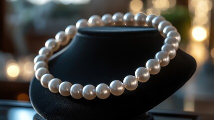 A beautiful pearl necklace displayed on a black bust, exuding elegance and sophistication, Ideal for fashion retailers, jewelry advertisements, or lifestyle blogs focusing on luxury and style,