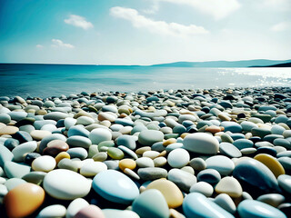 Vibrant, smooth pebbles of various colors lie on a scenic beach by the ocean. The sunny landscape and calm waters create a serene atmosphere.