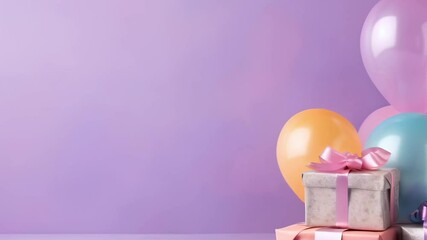 Poster - Delicate pastel gift boxes with ribbons on purple surface, colorful balloons floating in background, exuding celebration and joy, ideal for festive events or birthday parties