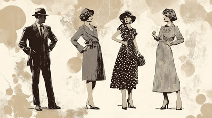 Depict people dressed in elegant, retro clothing from different decades, such as 1920s flapper dresses, 1950s polka dot skirts, or 1970s bohemian outfits. 