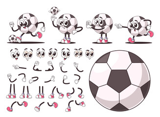 Wall Mural - Retro Cartoon Soccer Ball Character Constructor With Various Poses, Facial Expressions, And Body Parts, Vector Set