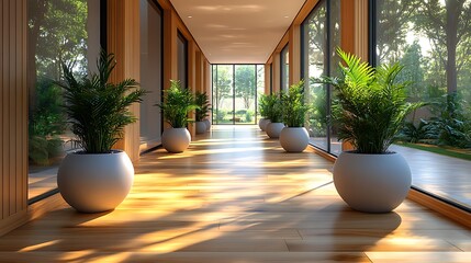 Canvas Print - Modern hallway interior design with potted plants and large windows