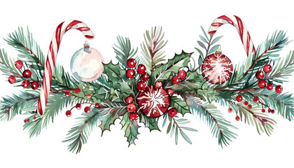 Watercolor illustration of holiday decorations with candy canes, Christmas ornaments, holly, and fir branches. Concept of festive season, Christmas celebration, holiday decoration.