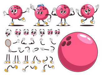 Wall Mural - Set Of Retro Style Cartoon Bowling Ball Characters With Various Expressions And Poses, Facial Emojis And Accessories