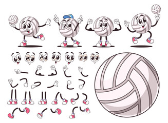 Wall Mural - Retro Cartoon Volleyball Ball Character Constructor Featuring Various Expressions And Poses Interchangeable Eyes, Arms