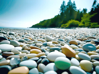 Vibrant, smooth pebbles of various colors lie on a scenic beach by the ocean. The sunny landscape and calm waters create a serene atmosphere.