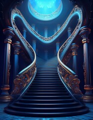 Poster - infinite spiral staircase, baroque rococo cyberpunk, dark blue background, chiaroscuro, dramatic lighting, spiral, ultra detailed, hyper realistic