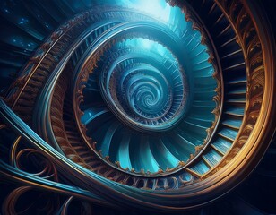 Poster - infinite spiral staircase, baroque rococo cyberpunk, dark blue background, chiaroscuro, dramatic lighting, spiral, ultra detailed, hyper realistic