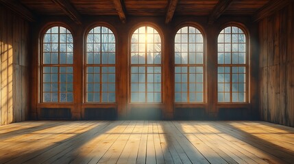 Poster - Sunlight streaming through arched windows in an empty room with wooden floor