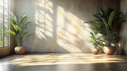 Canvas Print - Minimalist room with plants and sunlight, perfect for product displays, presentations, and branding