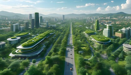 Wall Mural - Sustainable Urban Landscape: Aerial View of Eco-Friendly City with Innovative Architecture and Efficient Public Transport Systems