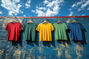 A row of five shirts hanging on a wall