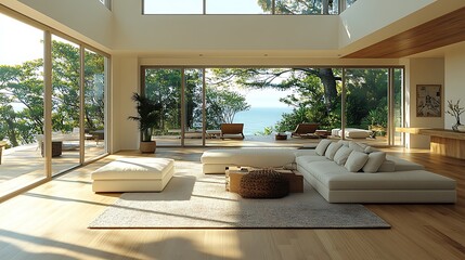 Wall Mural - Modern living room interior design with large windows overlooking ocean and green trees