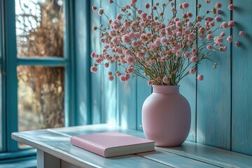 A vase of pink flowers sits on a table next to a book