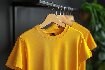 A yellow shirt hanging on a clothes hanger