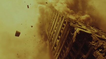 The collapse of a skyscraper with flames and smoke, destruction in the city